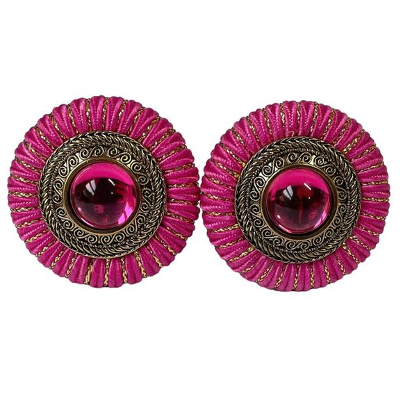 1980s Two Sisters Fabric Works Pink Fabric Lucite Cabochons Button Clip Earrings - Picture 2 of 4